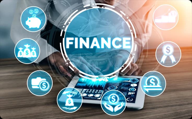 Financial technology dashboard with connected service icons around a FINANCE hologram