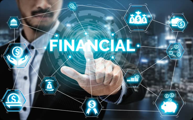A person interacting with a connected financial data network interface