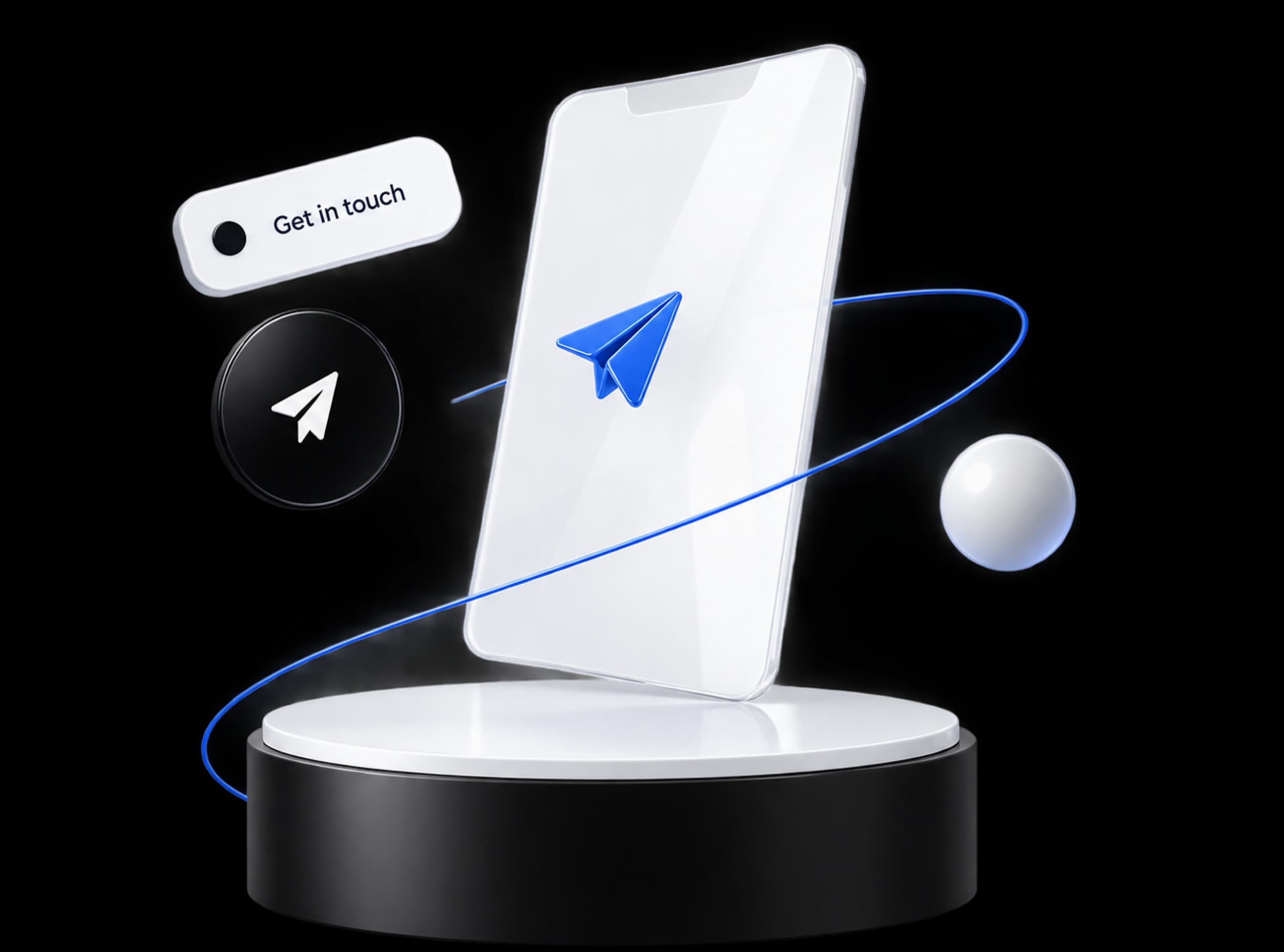 Phone on a pedestal with a paper plane and a Get in touch badge